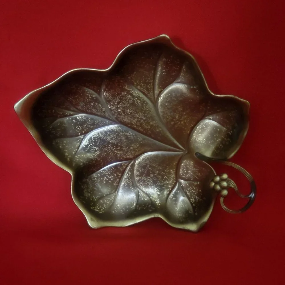 VTG Golden Brass Maple Leaf Trinket Dish